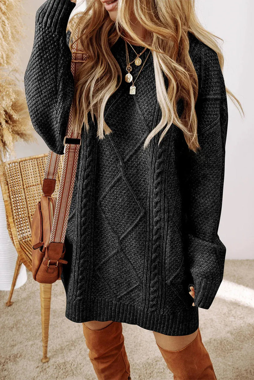 Cable-Knit Round Neck Sweater Dress  Style Ratio