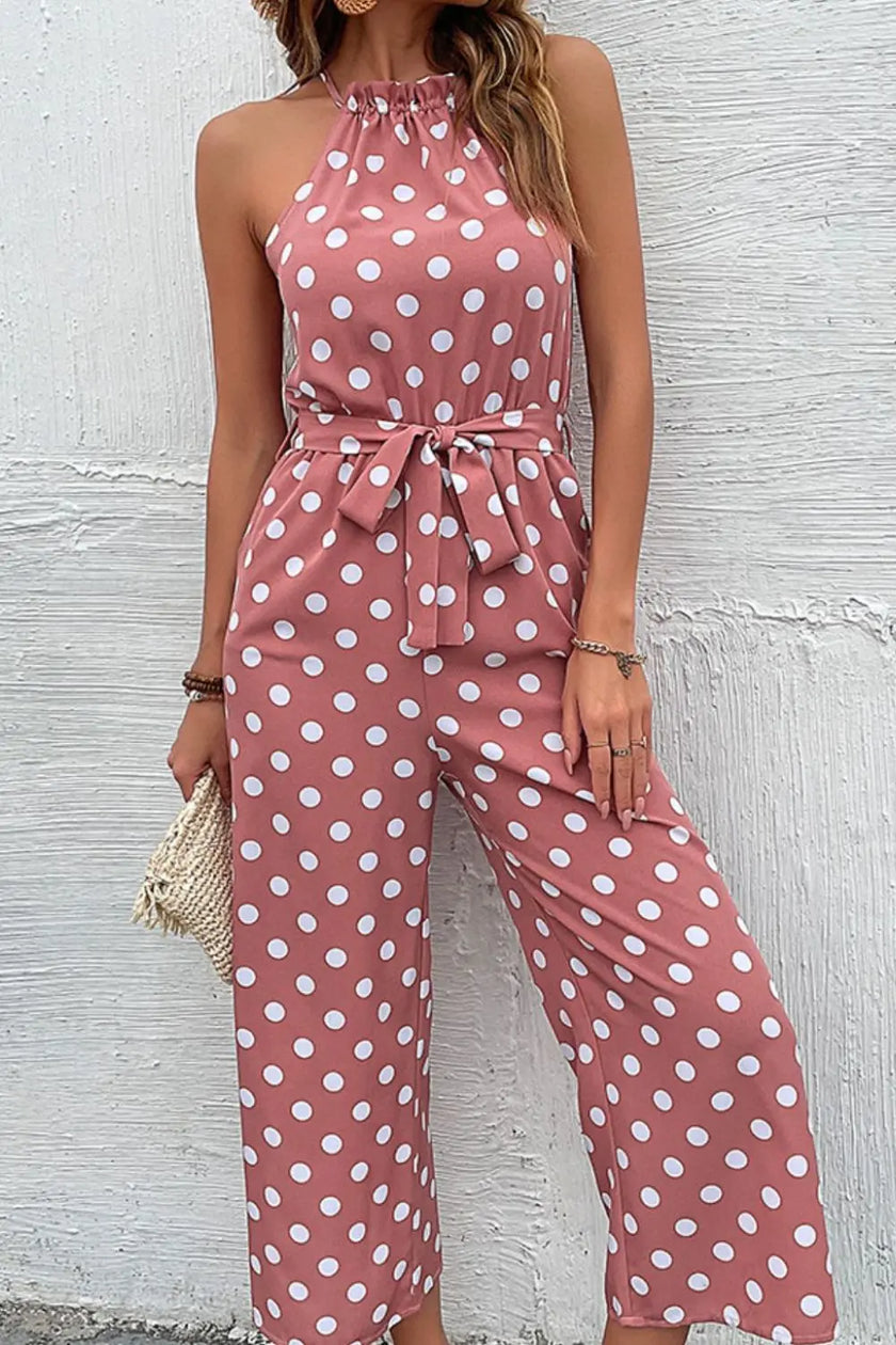 Perfee Polka Dot Grecian Wide Leg Jumpsuit  Style Ratio