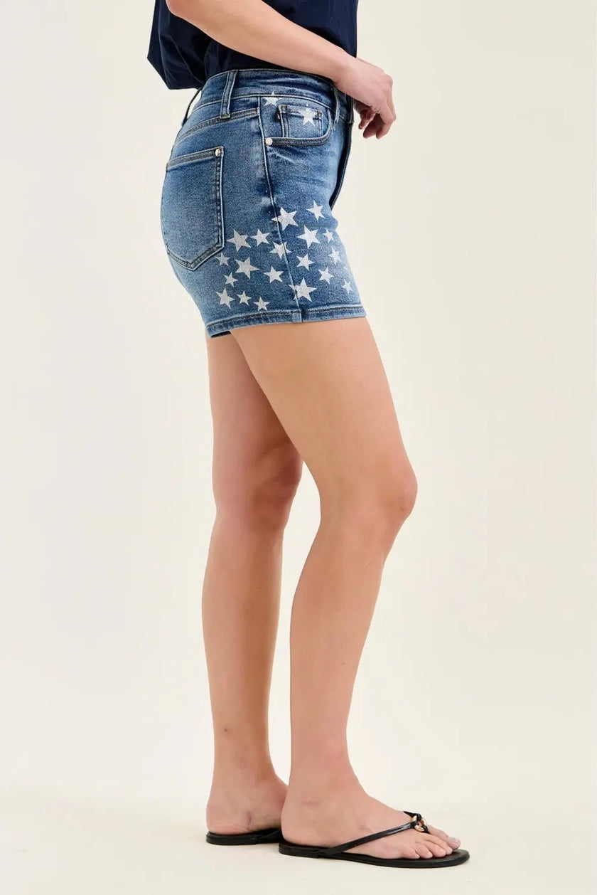 Judy Blue High Rise Slim Shorts with Star Splatter  Style Ratio