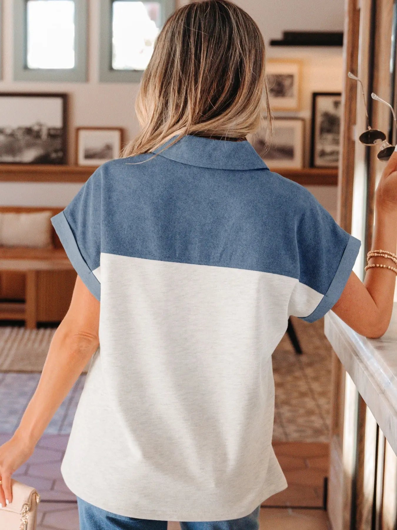 Color Block Denim Patchwork Button Polo Collar Short Sleeve Top  Style Ratio