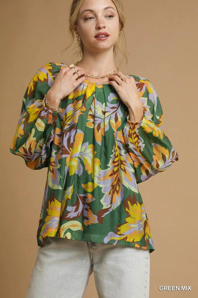 Umgee Mix Abstract Print Balloon Sleeve Blouse  Style Ratio