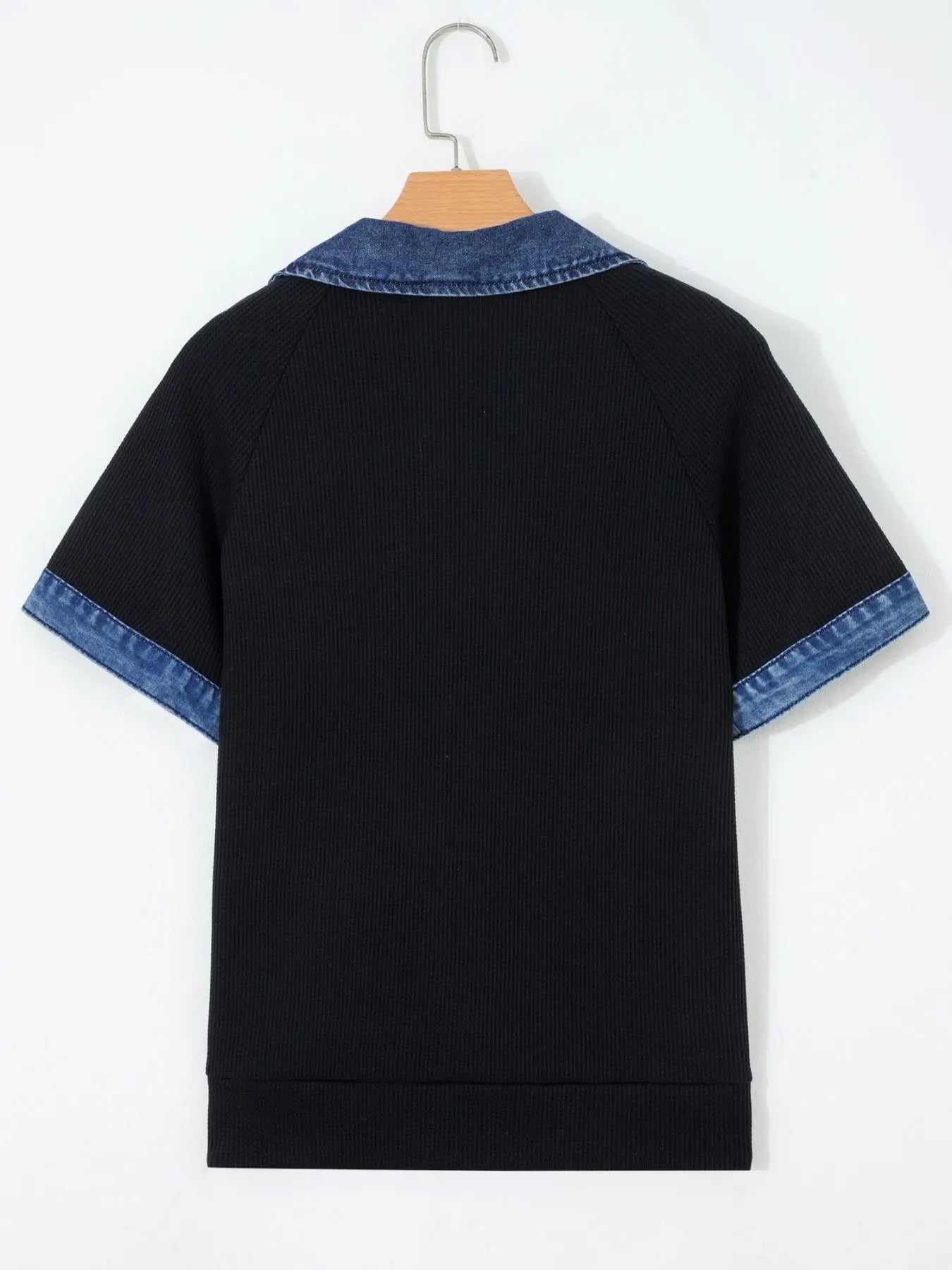 Denim Trim Button Detail Short Sleeve Shirt  Style Ratio
