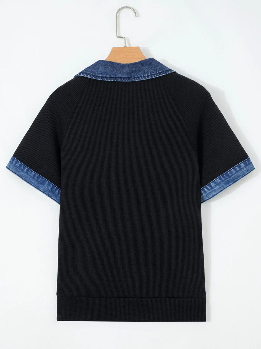 Denim Trim Button Detail Short Sleeve Shirt  Style Ratio