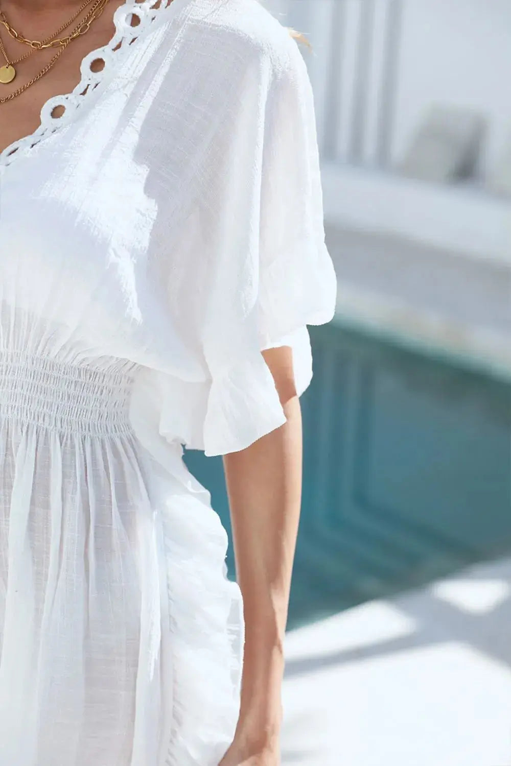 Ruffled Smocked Waist V-Neck Cover-Up  Style Ratio