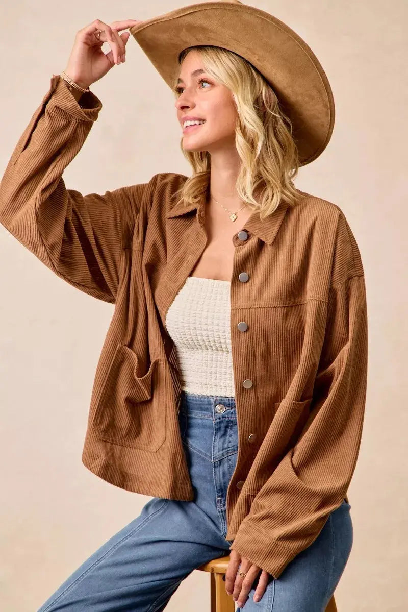 BiBi Corduroy Relaxed Fit Long Sleeve Shacket  Style Ratio