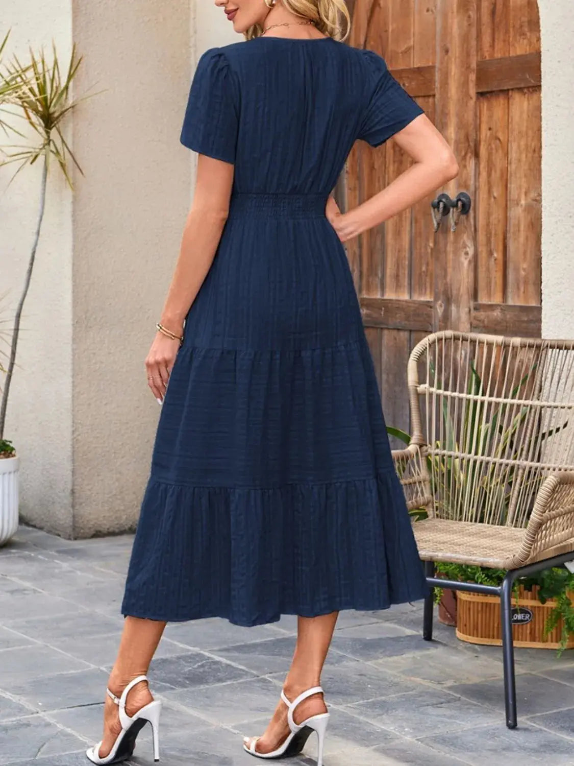 Tiered Notched Short Sleeve Dress  Style Ratio