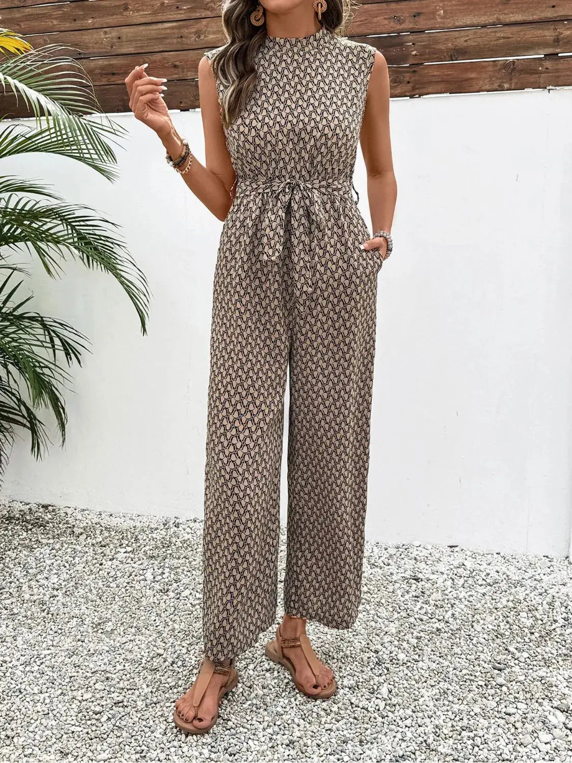 Printed Mock Neck Sleeveless Jumpsuit  Style Ratio
