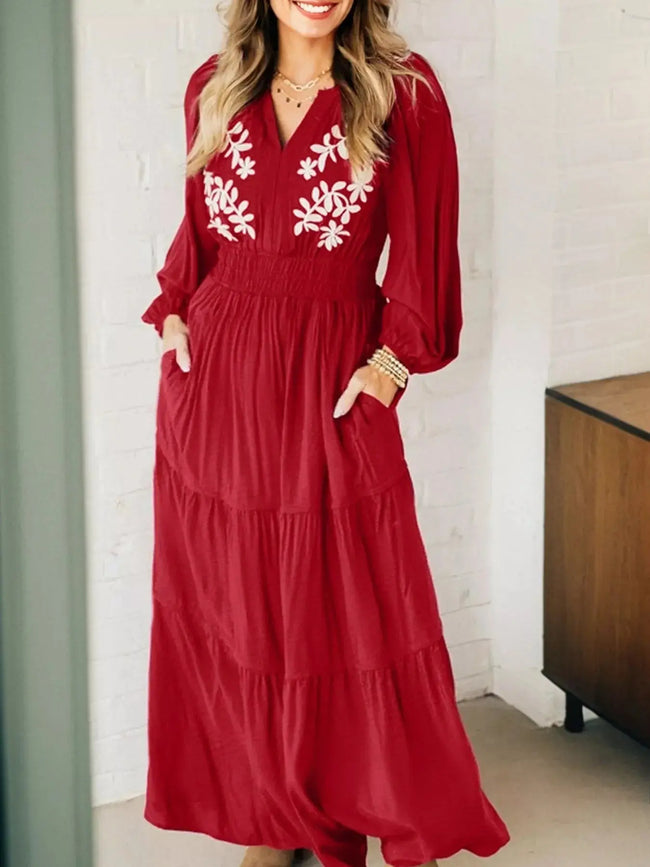 Contrast Embroidered Detail Cinched Waist Tiered Long Sleeve Maxi Dress  Style Ratio