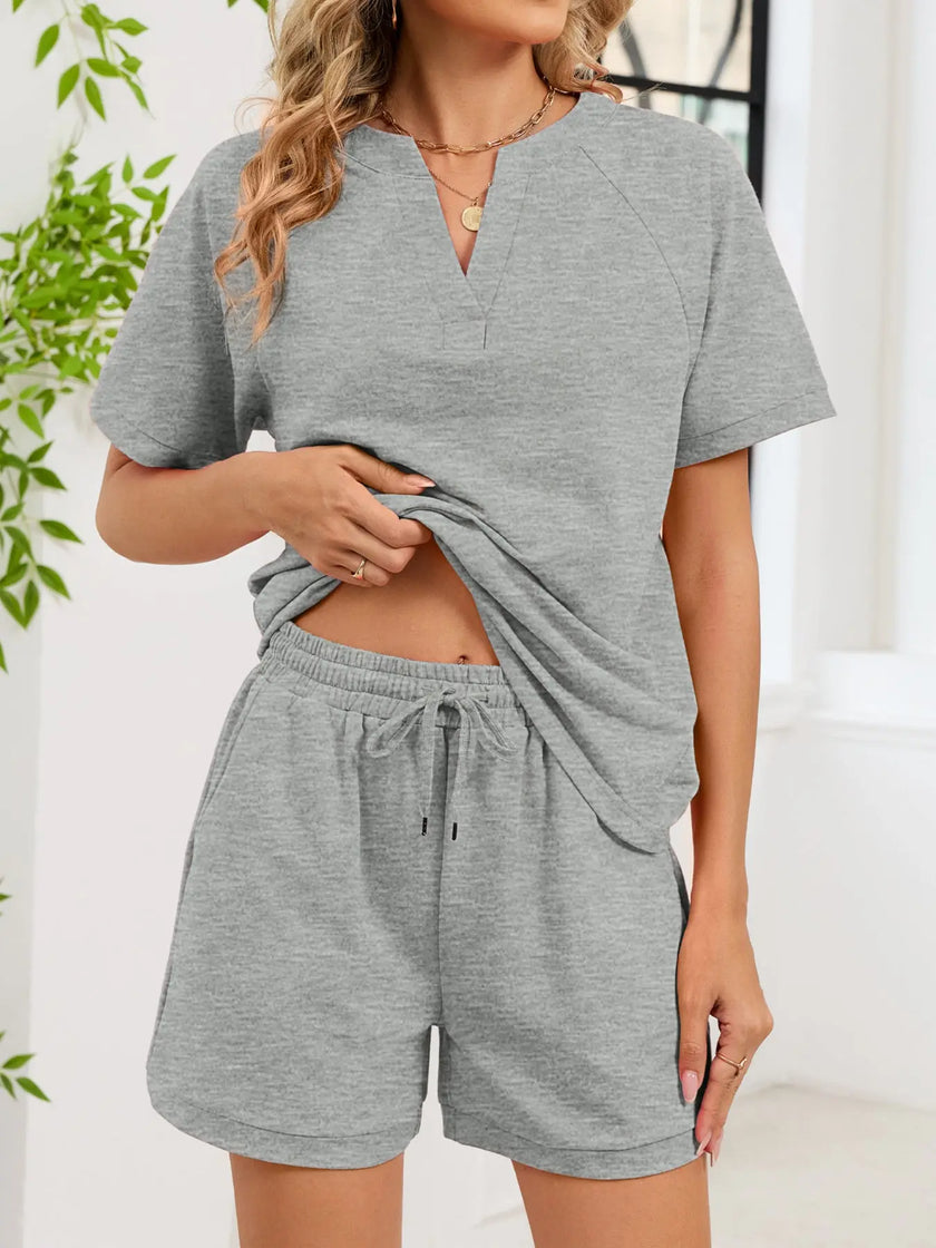 Notched Short Sleeve Top and Shorts Set  Style Ratio