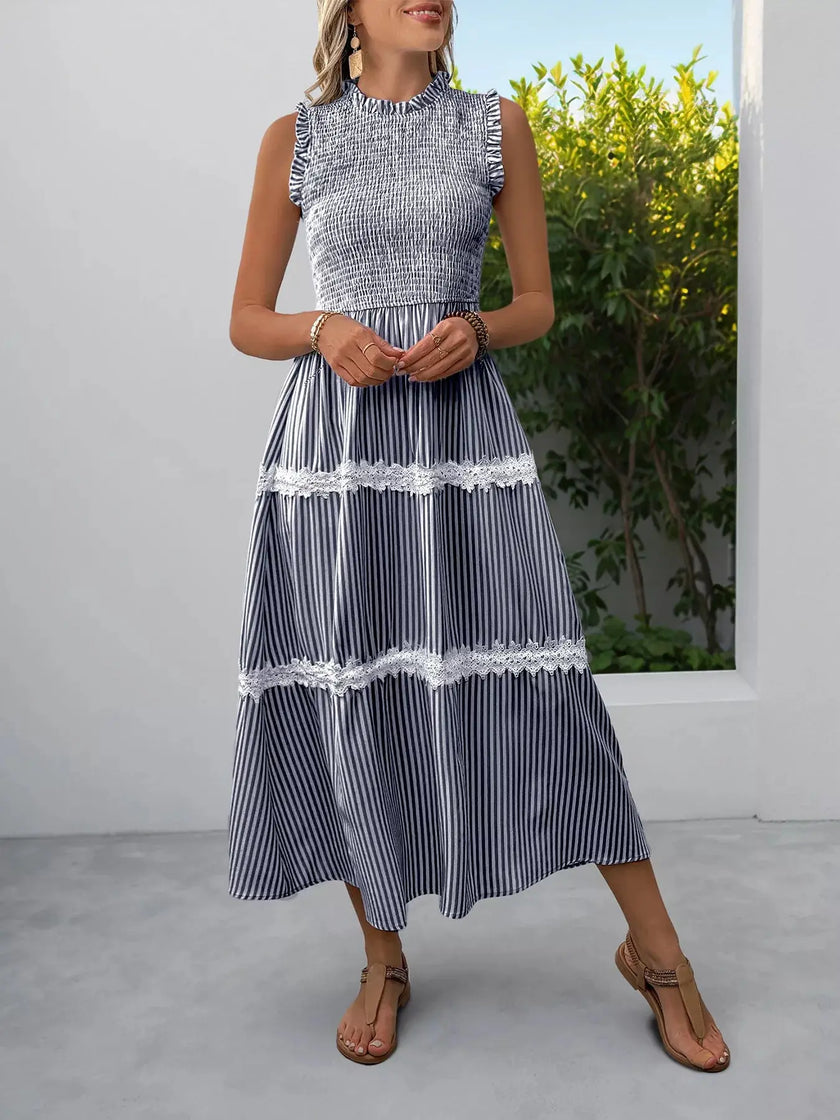 Smocked Striped Lace Trim Sleeveless Midi Dress  Style Ratio
