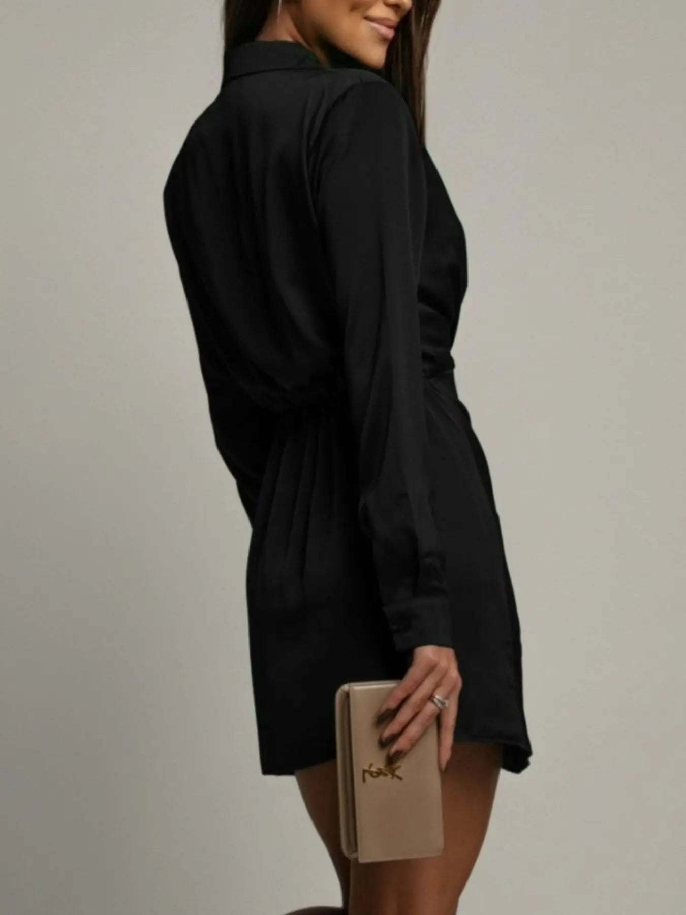 Collared Neck Long Sleeve Satin Dress  Style Ratio
