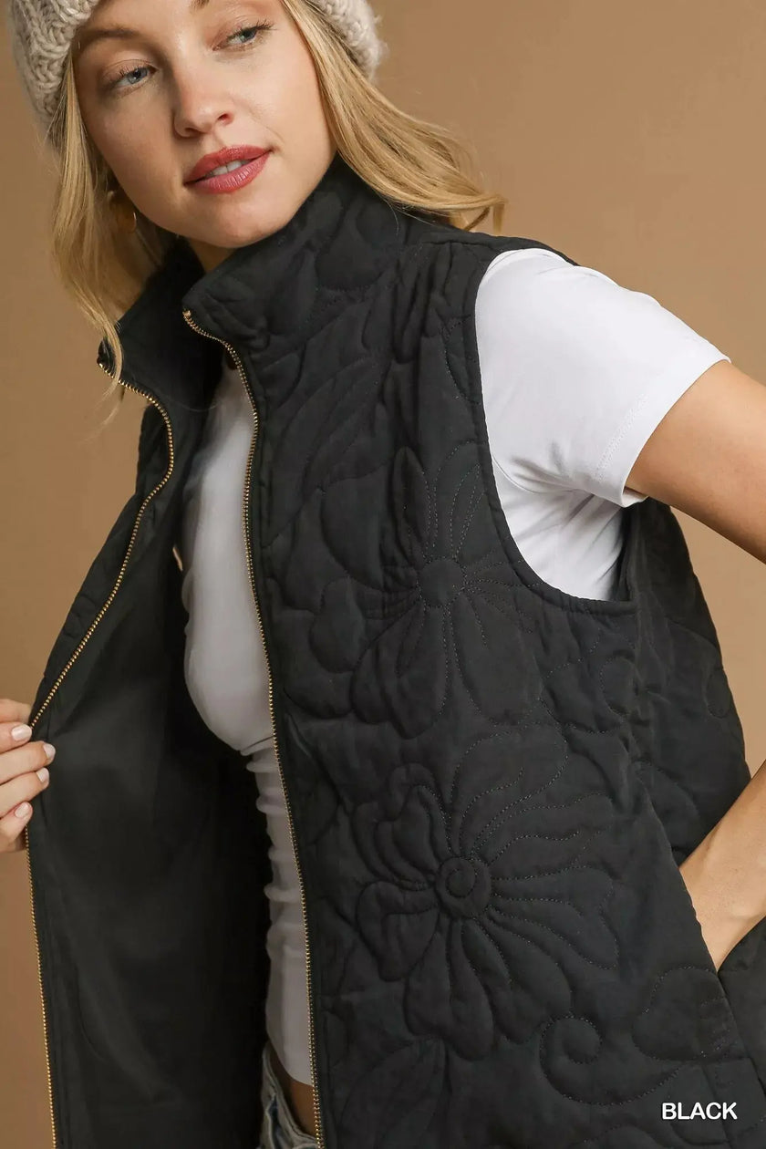 Umgee Quilted Floral Zip Up Vest with Pockets  Style Ratio