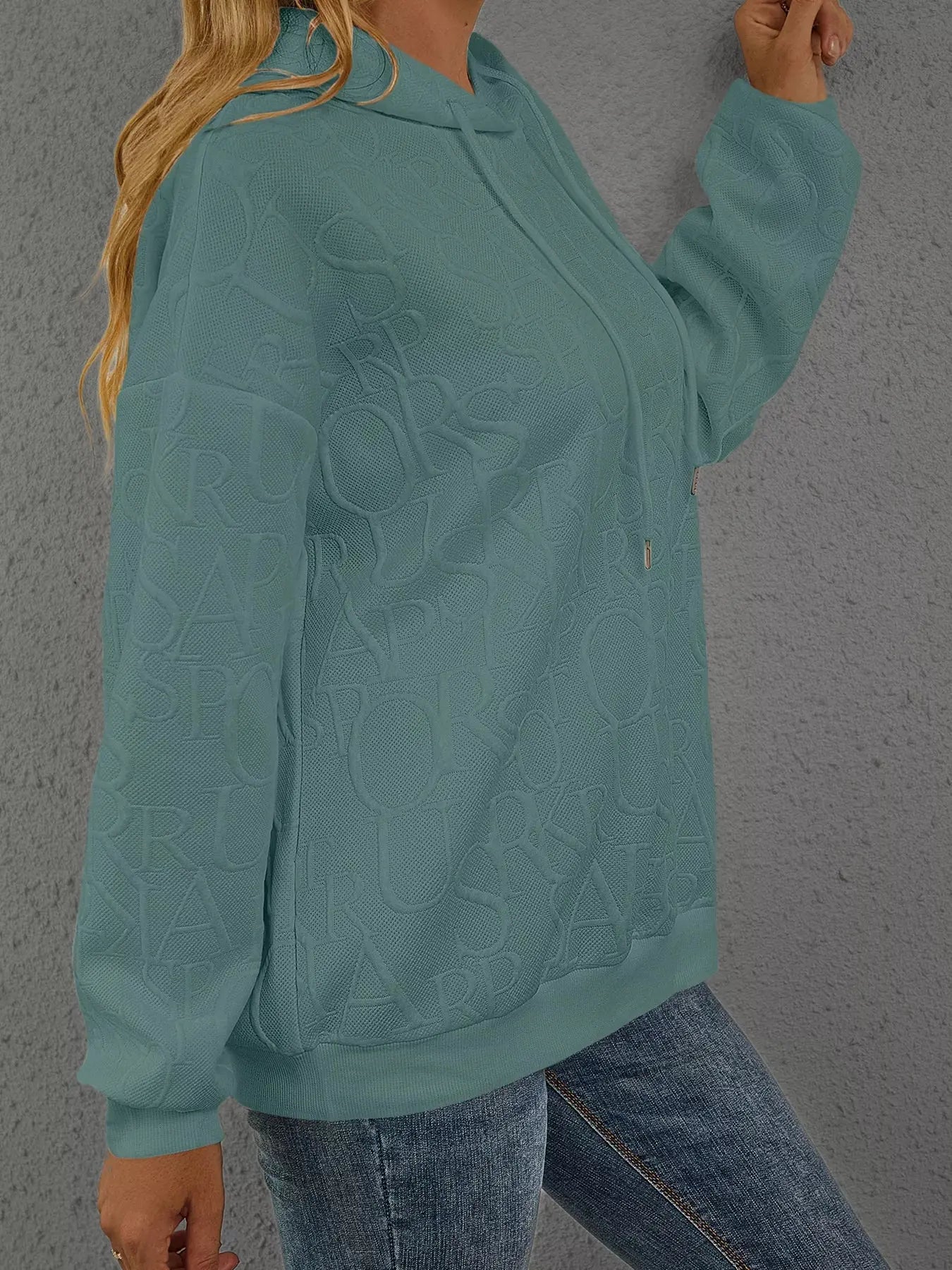 Full Size Embossed Lettering Casual Hoodie  Style Ratio