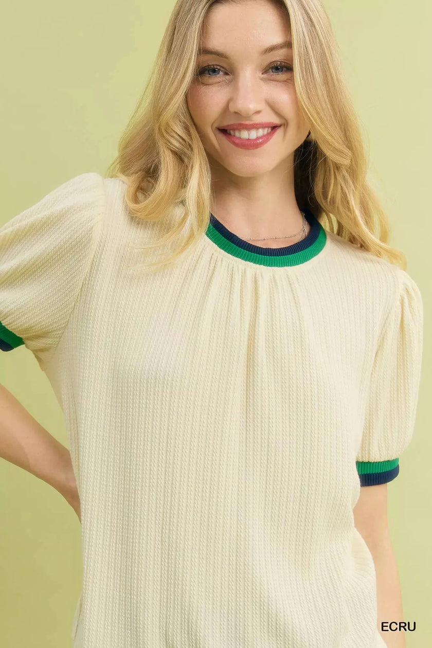 Umgee Puff Sleeve Knit Top with Contrast Rib Trim  Style Ratio