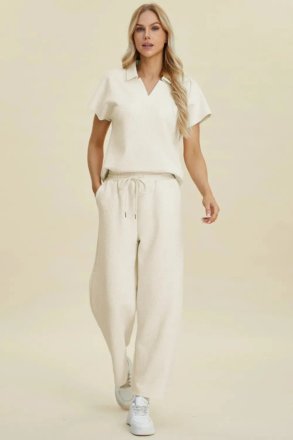 Double Take Collared Neck Short Sleeve Top and Pants Set  Style Ratio