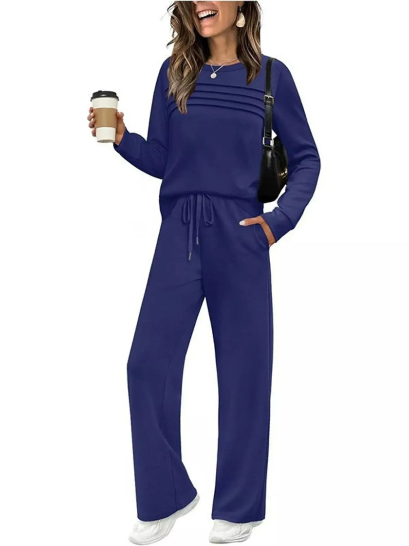 Full Size Long Sleeve Round Neck Top and Pants Set  Style Ratio