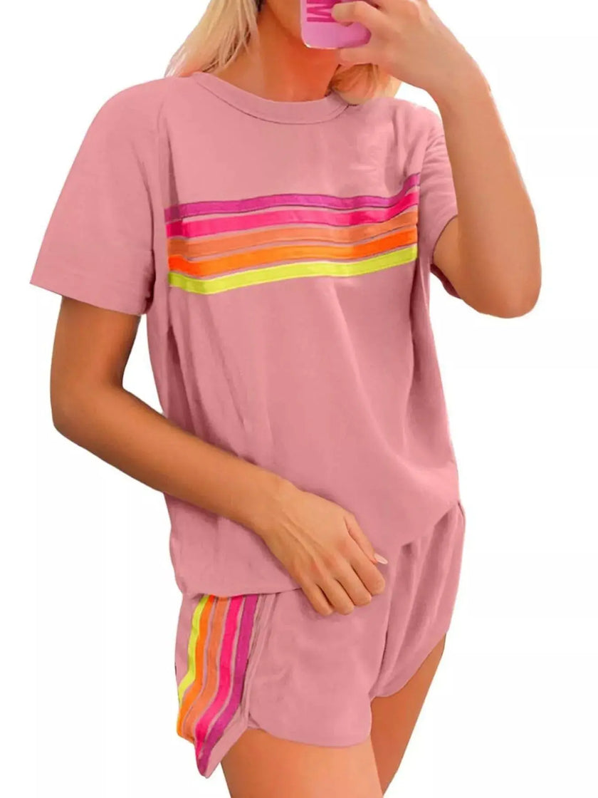 Rainbow Striped Round Neck Top and Shorts Set  Style Ratio