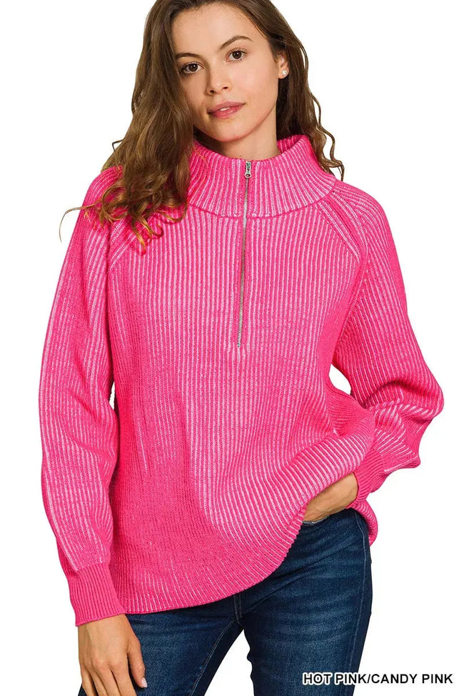 Zenana Ribbed Two Tone Half Zip Sweater  Style Ratio