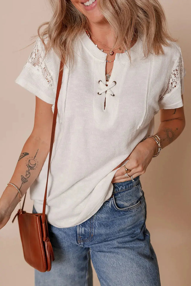 Ribbed Texture Lace Patchwork Short Sleeve Top  Style Ratio