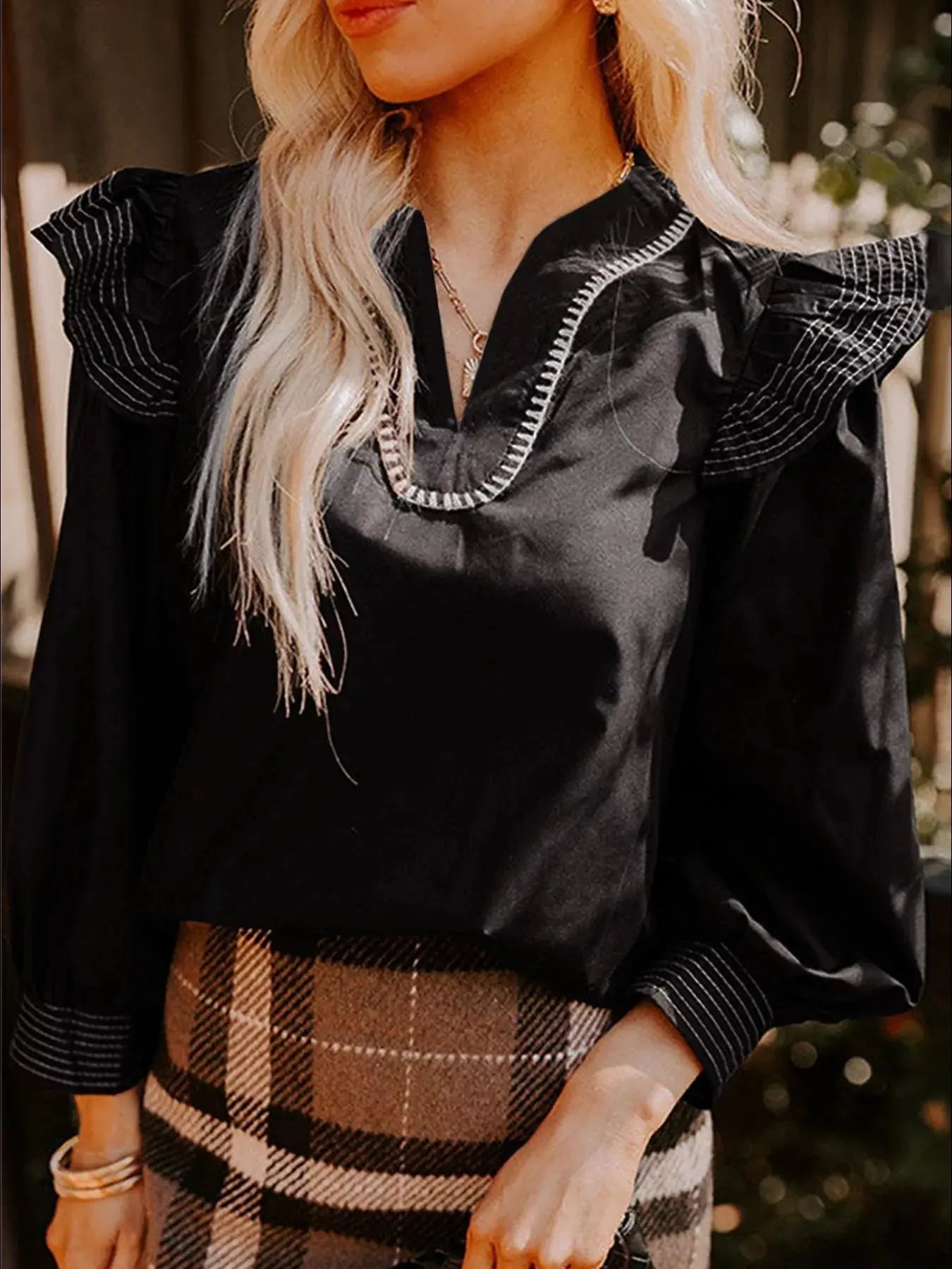Ruffled Notched Long Sleeve Blouse  Style Ratio