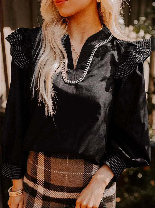 Ruffled Notched Long Sleeve Blouse  Style Ratio