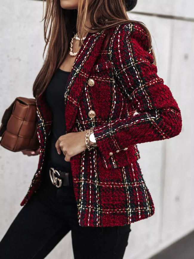 Full Size Plaid Tweed Double-Breasted Blazer Plus Size  Style Ratio
