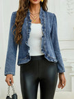 Plus Size Ruffled Trim Open Front Denim Jacket  Style Ratio