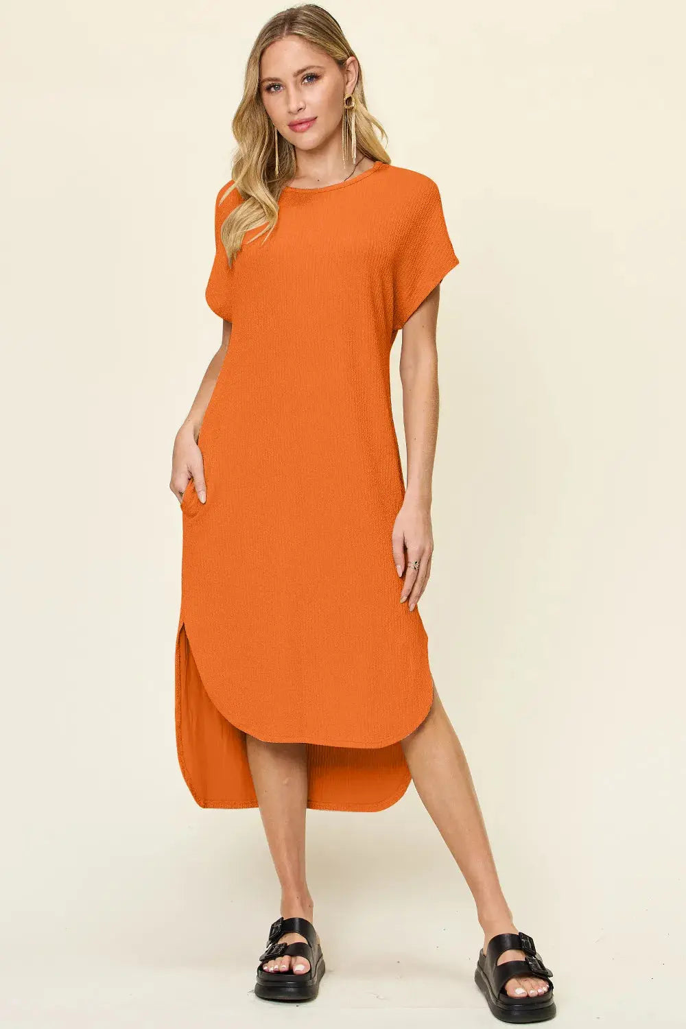 Double Take Full Size Round Neck Short Sleeve Slit Dress  Style Ratio
