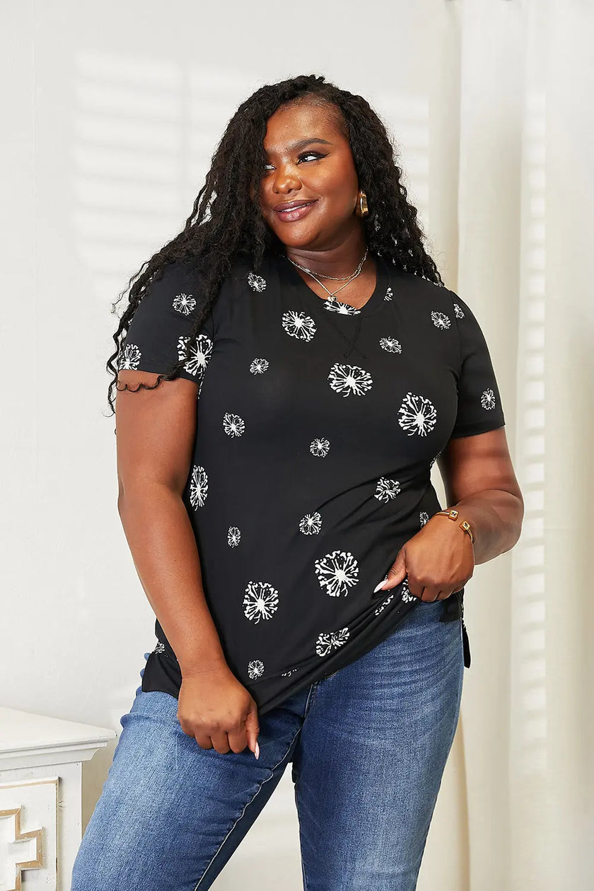 Double Take Dandelion Print Round Neck Shirt  Style Ratio