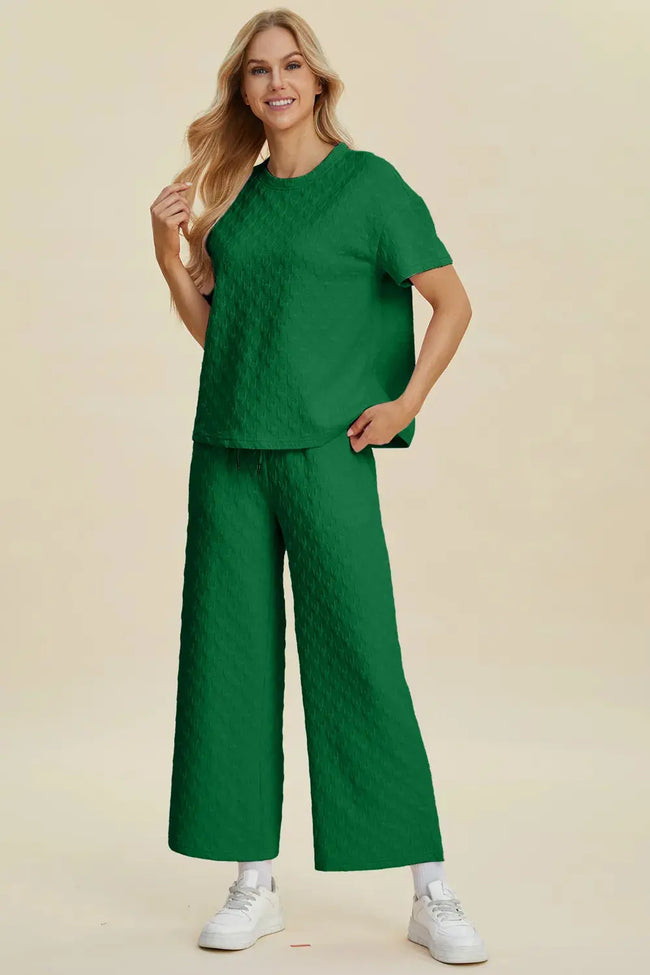 Double Take Full Size Round Neck Short Sleeve Top and Pants Loungewear  Style Ratio