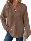Full Size Button Detail Waffle Knit Hoodie  Style Ratio