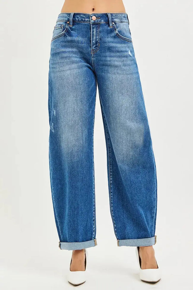 RISEN Full Size Mid Rise Barrel Double Roll Up Jeans  Style Ratio