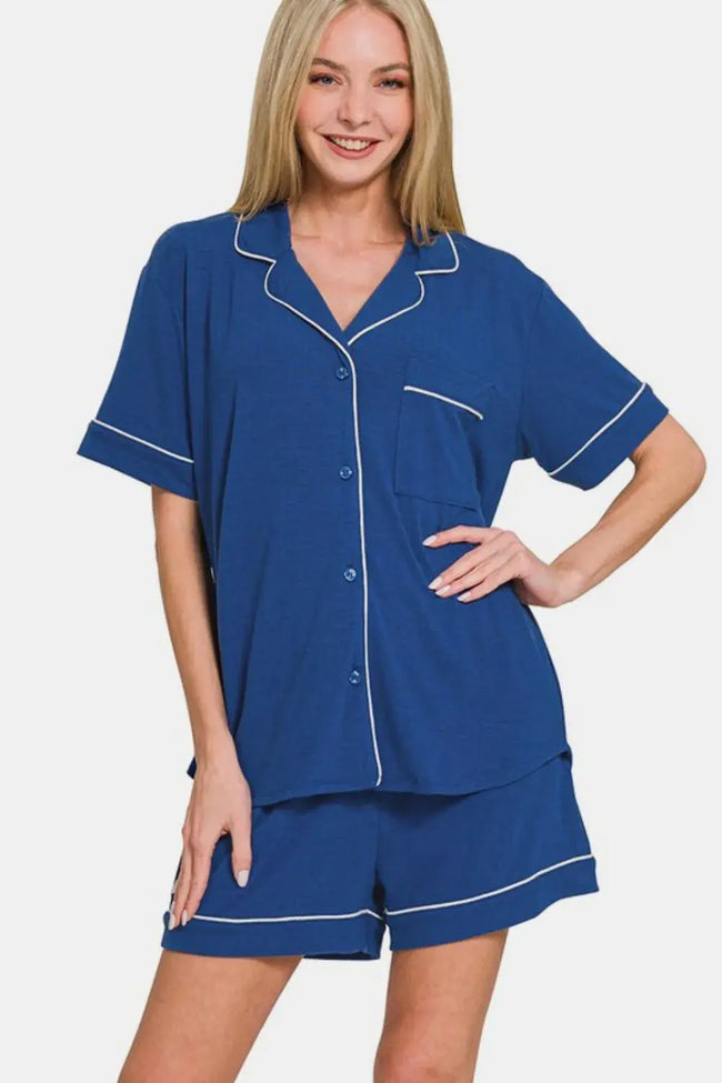 Zenana Button Down Short Sleeve Top and Shorts Lounge Set  Style Ratio
