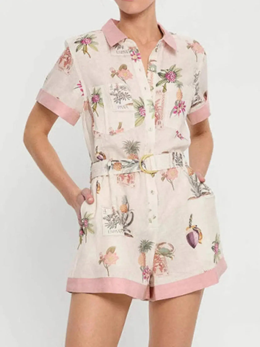 Printed Short Sleeve Romper with Belt  Style Ratio