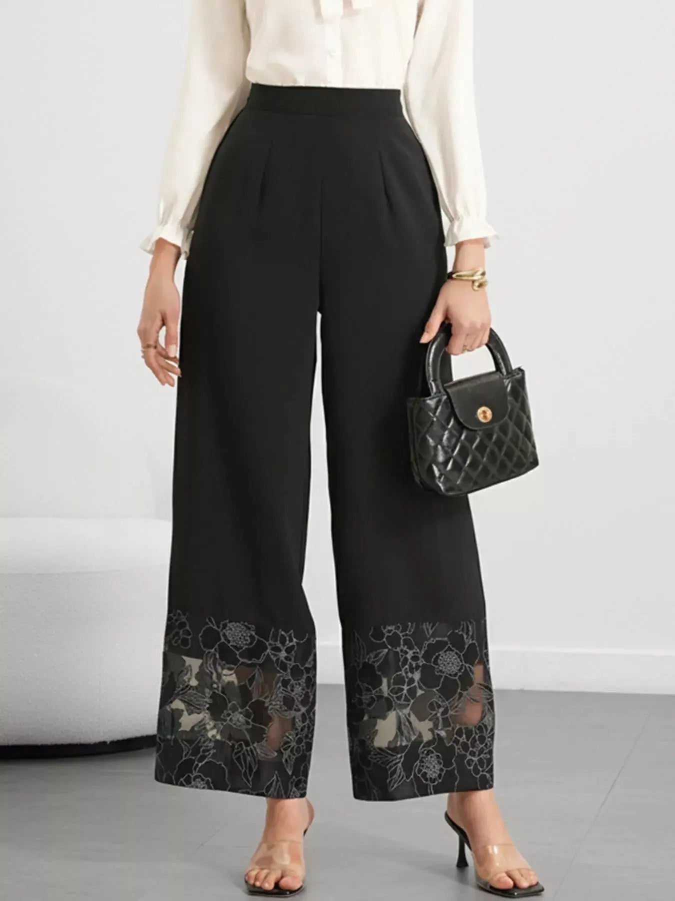 Floral Lace Hem Wide Leg Pants  Style Ratio