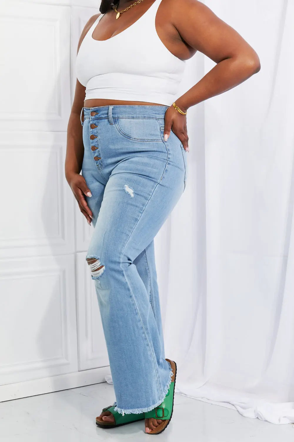 Vibrant MIU High Rise Button Flare Jeans  Style Ratio