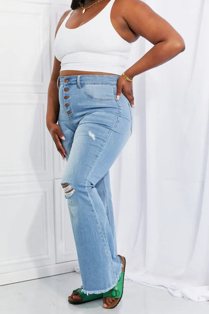 Vibrant MIU High Rise Button Flare Jeans Trendsi