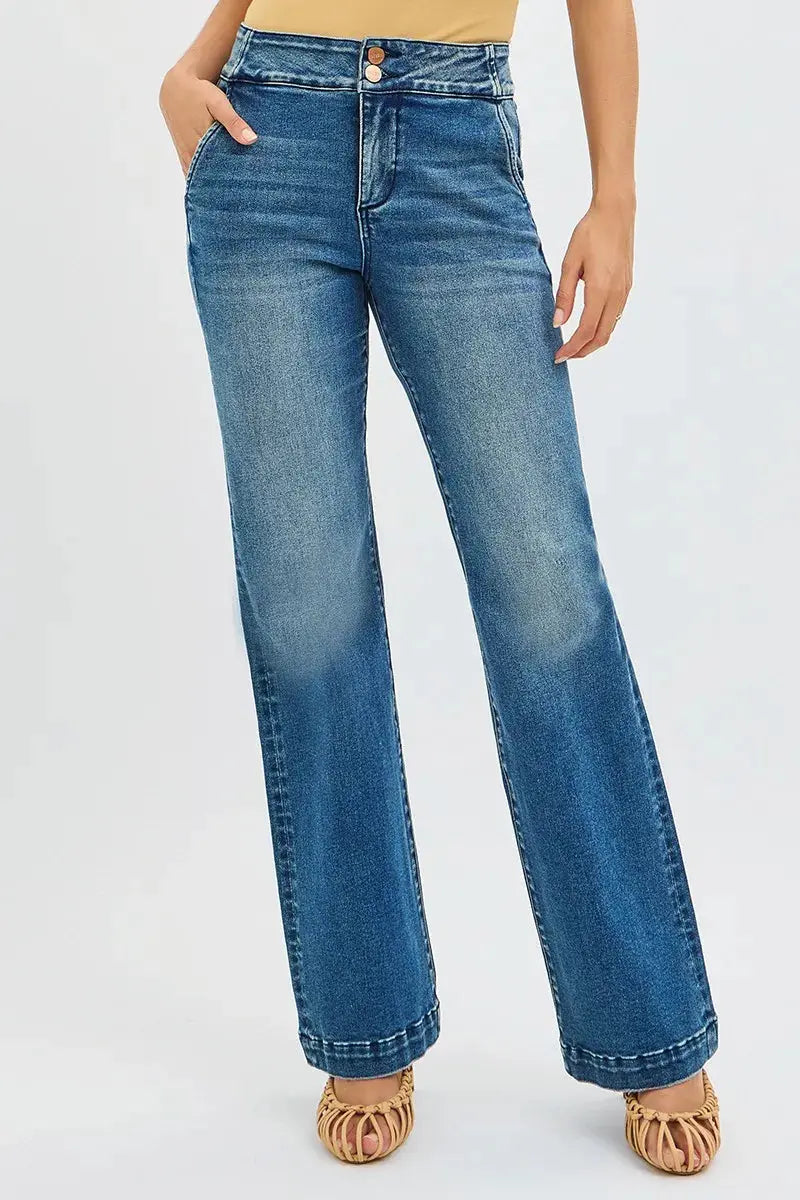 RISEN Full Size Tummy Control High Rise Bootcut Jeans with Double Button Waistband  Style Ratio