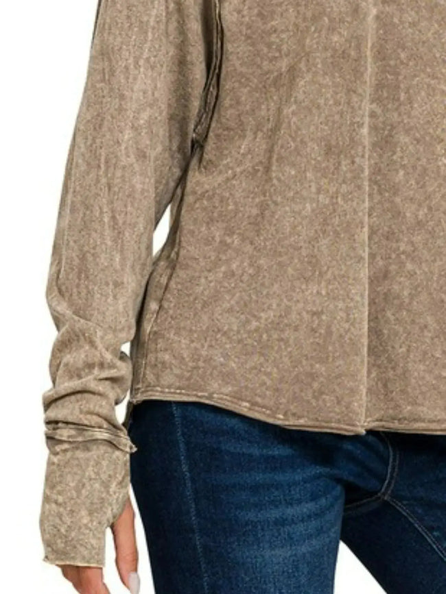 Zenana Crinkle Washed Thumb Hole Cuffs Long Sleeve Top  Style Ratio