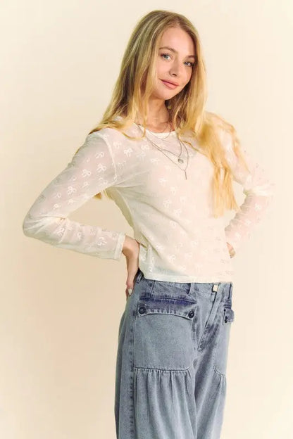 Davi & Dani Bow Mesh Round Neck Long Sleeve Top Trendsi