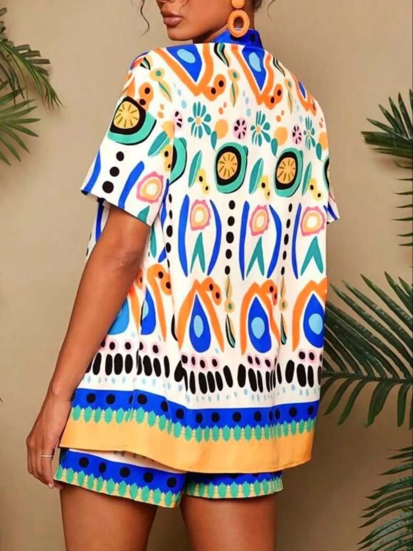 Printed Open Front Cardigan and Shorts Set  Style Ratio
