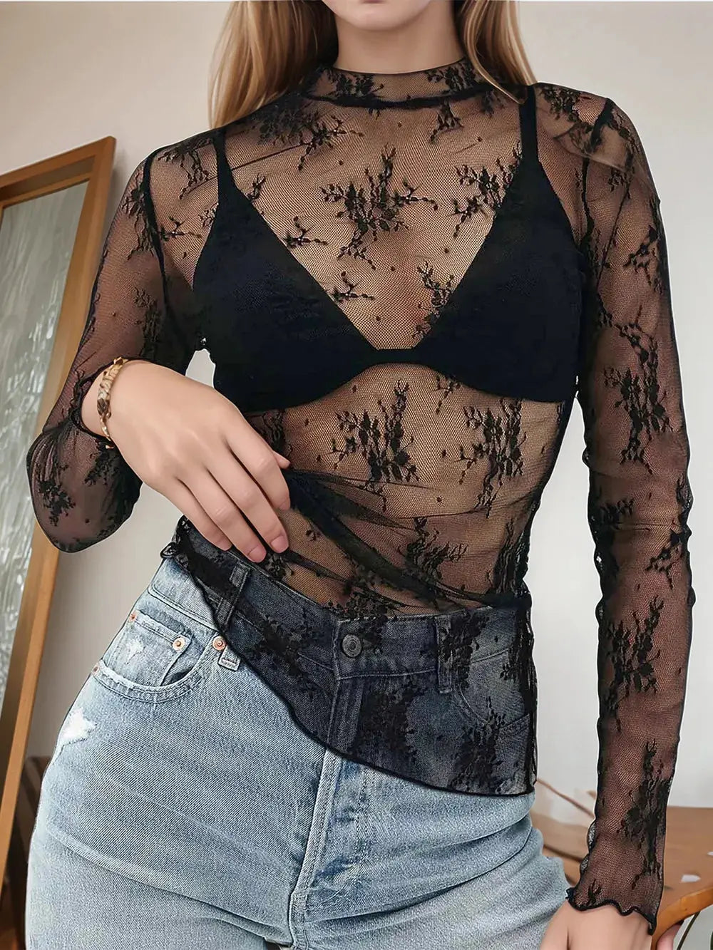 Floral Mock Neck Long Sleeve Mesh Top  Style Ratio