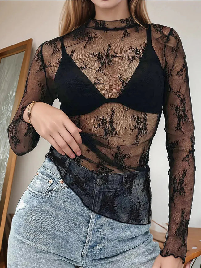 Floral Mock Neck Long Sleeve Mesh Top  Style Ratio
