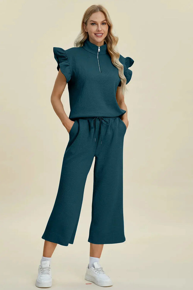 Double Take Full Size Texture Ruffle Short Sleeve Top and Wide Leg Pants Set  Style Ratio