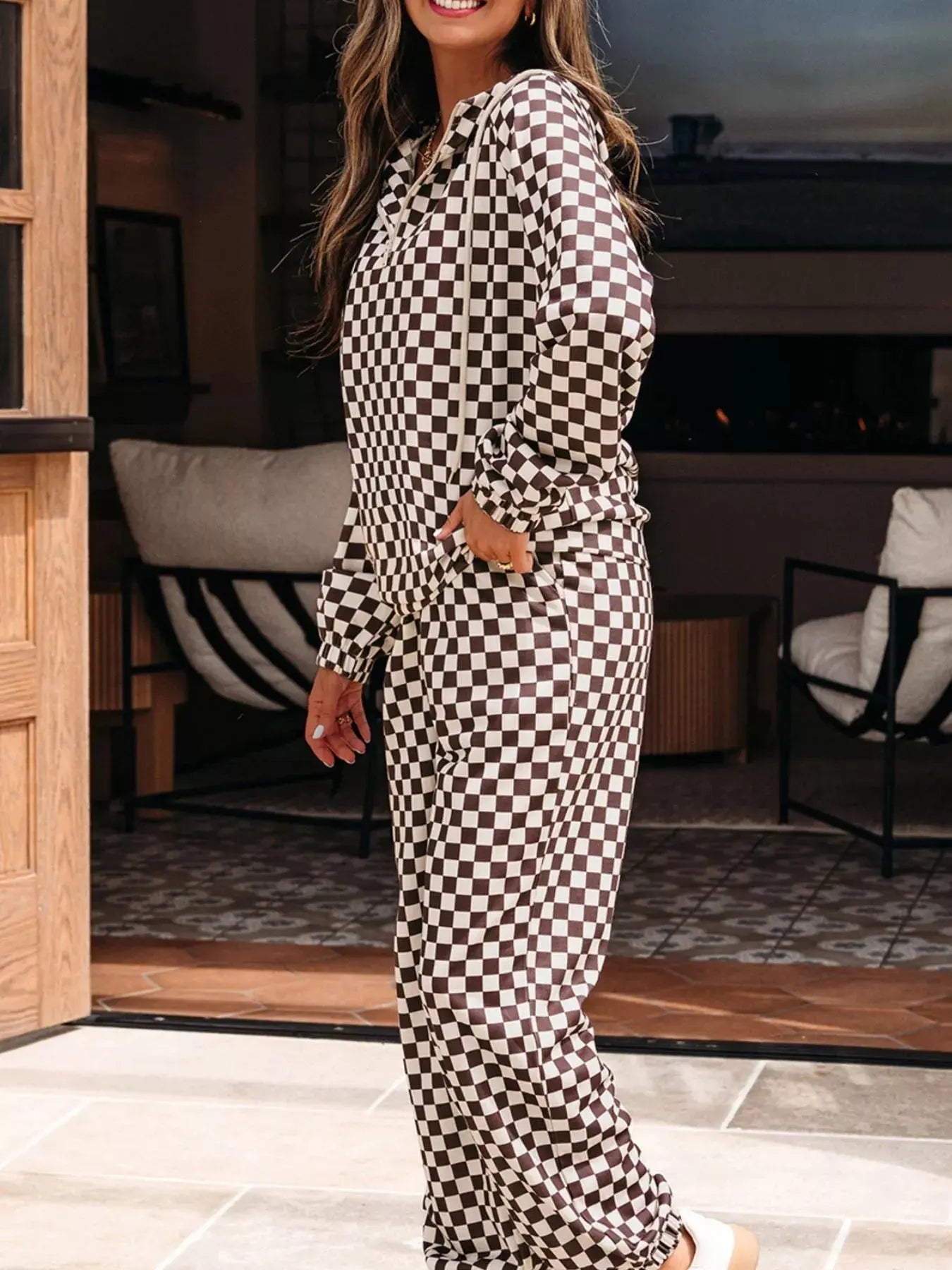 Checkered Drawstring Hoodie and Pants Set  Style Ratio