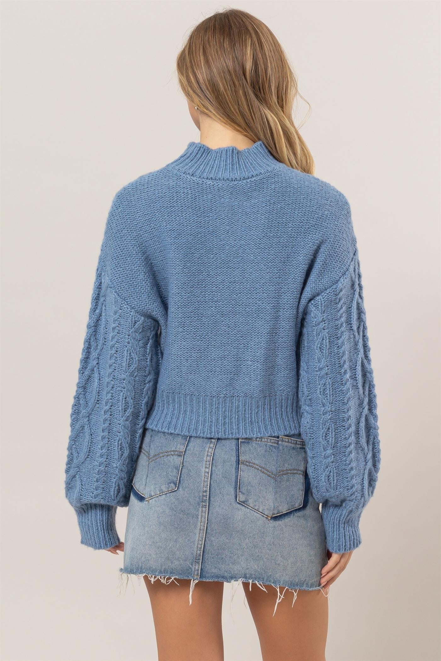 Cable-Knit Mock Neck Dropped Shoulder Sweater