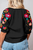 Floral Embroidered Notched Puff Sleeve Blouse  Style Ratio