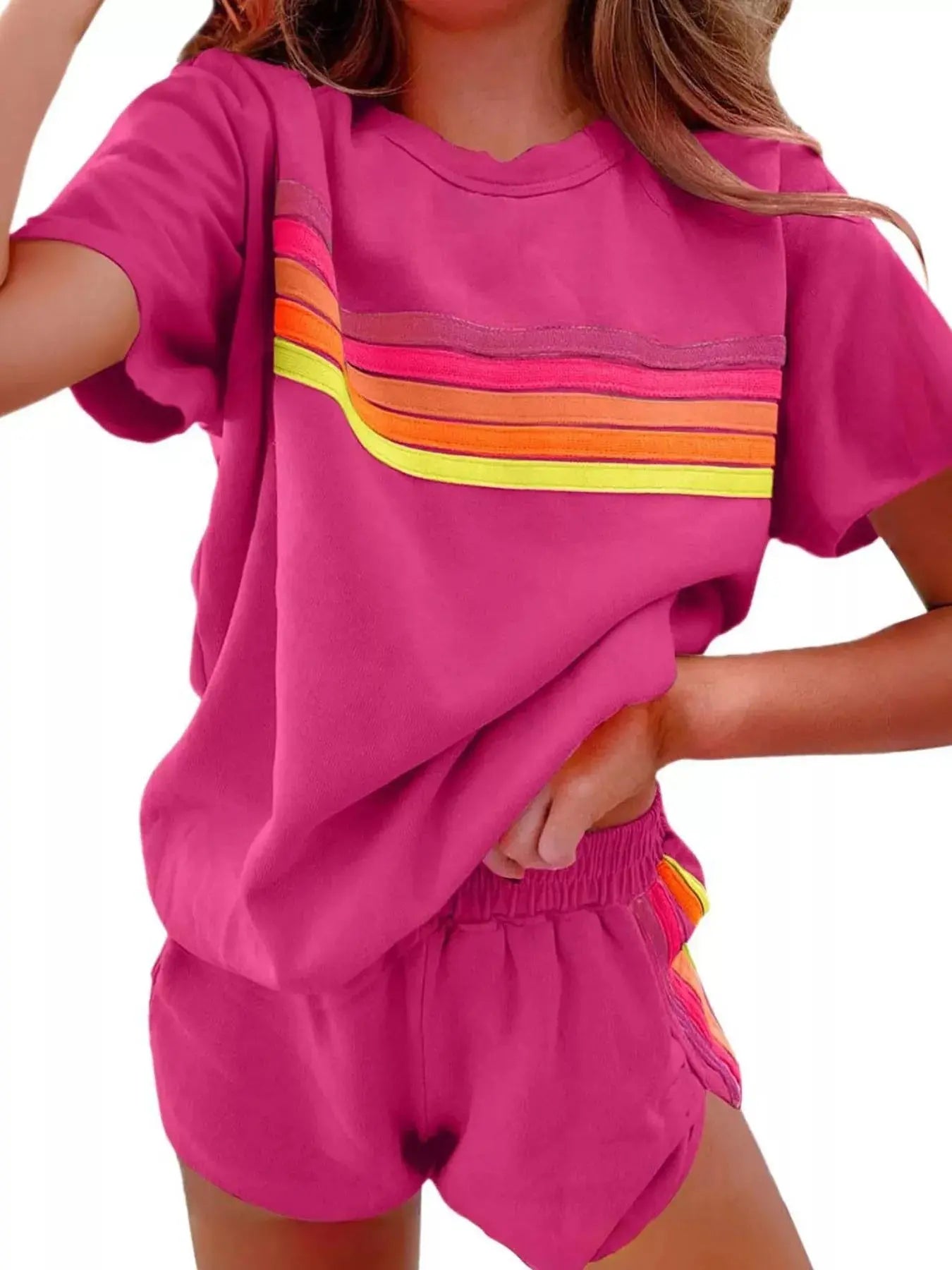 Rainbow Striped Round Neck Top and Shorts Set  Style Ratio