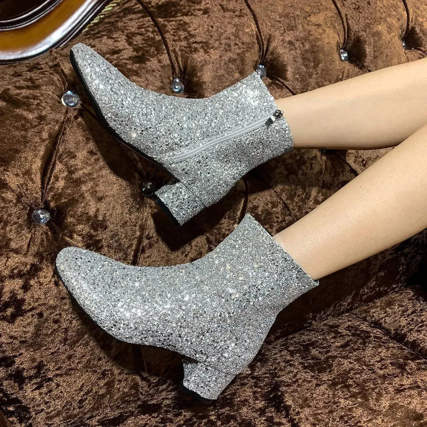 Sequin Round Toe Block Heels Boots  Style Ratio