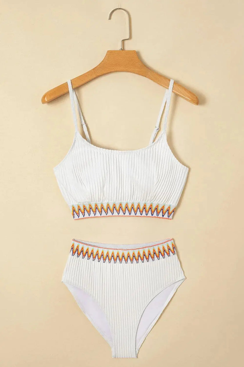 Textured Contrast Banding Bikini High Waist 2pcs Swimsuit  Style Ratio